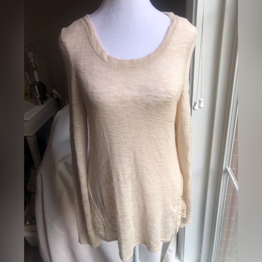 Vintage Y2K Ecru Sweater with Crochet Insets Scoop Neck Boho Size Large